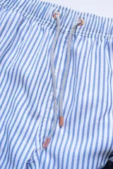 Short de baño celeste con rayas verticales blancas, cintura elástica con cordón ajustable, bolsillos laterales y trasero con cierre, logo de la marca bordado en la pierna.