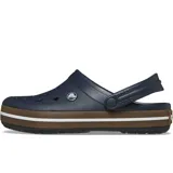 Zuecos Crocs modelo Crocband Clog Gum, color negro con banda lateral en tono caramelo y línea blanca. Diseño con orificios de ventilación, tira trasera pivotante y suela cómoda de espuma Croslite.