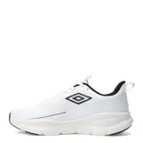 Championes deportivos Umbro modelo Dynamen para hombre, en color blanco con detalles en negro, confeccionados con malla transpirable y suela amortiguada.