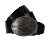 Cinturón de cuero negro con hebilla metálica ovalada de estilo western, que presenta un relieve de un tractor y la inscripción Caterpillar.