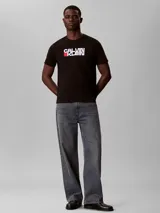 Remera de algodón negro Calvin Klein, de manga corta, con cuello redondo y estampado gráfico frontal con logotipo en blanco y rojo.