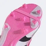 Championes de fútbol Adidas Predator League, color rosa vibrante con franjas negras y detalles blancos/plateados. Presentan una lengüeta plegable y suela con tapones moldeados.