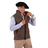 Chaleco negro capitoneado con cuello alto y cierre frontal con botones a presión.