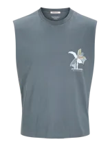 Musculosa gris de algodón con cuello redondo y estampado de flor en el frente.