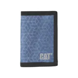 Billetera plegable de poliéster con diseño geométrico en tonos azules y logo de la marca en la parte inferior. Cuenta con compartimento para billetes, ranuras para tarjetas y protección RFID.