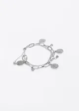 Pulsera plateada de acero quirúrgico hipoalergénico, con doble cadena y dijes redondos con diseño de árbol de la vida.