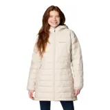 Campera acolchada de largo medio Columbia, color beige, con capucha integrada, cierre frontal completo, bolsillos laterales con cremallera y puños elásticos.