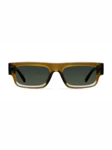 Lentes de sol rectangulares con montura de bio-acetato color ocre y cristales polarizados color verde. Cuentan con protección UV400 categoría 3 y recubrimiento anti-rayaduras.