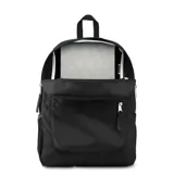 Mochila JanSport negra con logo en el frente, compartimento principal amplio, bolsillo frontal con organizador interno, bolsillo lateral de malla para botella de agua, panel trasero acolchado y correas de hombro acolchadas.