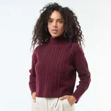 Sweater de punto con diseño de trenzas verticales, cuello alto y puños acanalados.