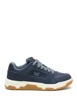 Championes Caterpillar modelo Theorem, de color azul con entresuela blanca y suela de goma color camel. Diseño de estilo urbano con cordones grises y logo de la marca en el lateral y la lengüeta.