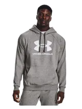 Buzo con capucha Under Armour modelo Rival Fleece, color gris jaspeado. Presenta el logo de la marca estampado en blanco en el pecho, bolsillo tipo canguro delantero, mangas largas con puños acanalados y cordones ajustables en la capucha.