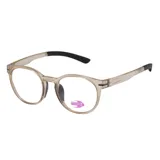 Armazón de anteojos MDQ modelo GT09, con marco redondo de acetato en color gris traslúcido y patillas con terminales en color negro.