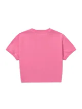 Remera corta de algodón color rosado, con diseño tipo ringer, mangas cortas y gráfico estampado con el logotipo de Caterpillar en el pecho.