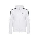 Campera con capucha Armani EA7, color blanco, con cierre frontal completo, bolsillos laterales y bandas laterales en las mangas con detalles tricolores. Logo de la marca estampado en el pecho.