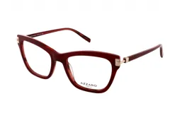 Armazón para anteojos de acetato color borgoña, con forma cat-eye y detalles dorados en las bisagras.