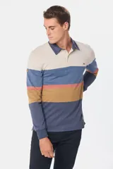 Remera tipo polo de manga larga con diseño de franjas horizontales en tonos azul marino, celeste, verde agua y gris. Presenta cuello clásico con cierre de botones y puños elásticos.