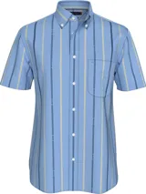 Camisa celeste de Tommy Hilfiger con rayas verticales azules y amarillas, de corte regular, manga corta, cuello abotonado, bolsillo de parche en el pecho y logo bordado en la manga.