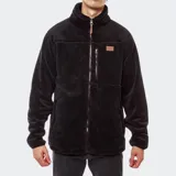 Campera de polar negro con cierre frontal, cuello alto, bolsillos laterales con cierre y bolsillo vertical en el pecho con cierre.