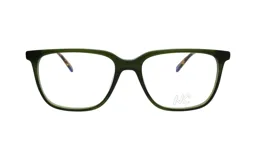 Armazón para lentes de acetato color verde oliva, con forma rectangular y patillas con detalle carey. Modelo 121/54 col GRE de Nazareno Corsini.