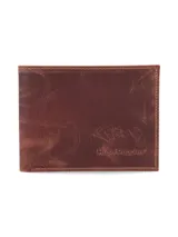 Billetera Hush Puppies de cuero marrón graso con costuras pespuntadas y logo grabado en el frente.