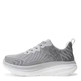 Championes deportivos de tejido de punto en color gris, con diseño de suela gruesa blanca y cierre mediante cordones.