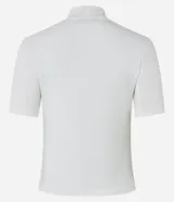 Blusa de corte regular confeccionada en tejido de rib acanalado color naranja. Presenta cuello alto y mangas cortas.