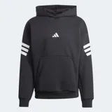 Canguro Adidas con capucha, color negro, con diseño de tres tiras blancas en ángulo en las mangas y logo de la marca en el centro del pecho. Cuenta con bolsillo frontal tipo canguro y puños acanalados.