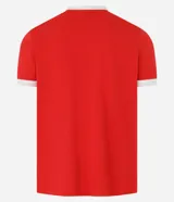 Remera de algodón color celeste con cuello redondo y bordes de mangas en color blanco. Presenta diseño de rayas dobles blancas en los hombros y mangas.