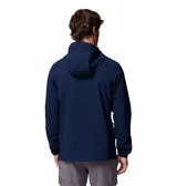 Campera técnica Columbia con capucha ajustable, confeccionada en tejido softshell azul marino con tecnología Omni-Shield. Presenta cierre frontal y bolsillo en el pecho con detalles en azul vibrante, además de bolsillos laterales con cierre y puños elásticos.