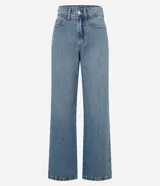 Pantalón de jeans azul de corte recto, con cintura alta y trabillas.