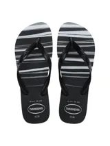 Chancletas Havaianas de hombre con base negra y diseño de rayas horizontales en blanco y gris.