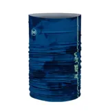 Bufanda tubular multifuncional Buff, modelo Original Ecostretch, de diseño sin costuras en color azul con estampado abstracto y logo de la marca. Fabricada con materiales reciclados, ofrece protección solar UPF 50 y es apta para diversas actividades al aire libre.