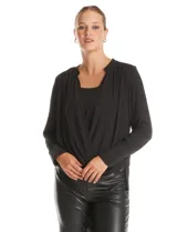 Blusa de gasa negra con diseño de doble capa, cuello a la base y escote en V pronunciado. Presenta mangas largas con puños anchos abotonados y un corte fluido.
