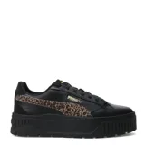 Championes Puma modelo Karmen II Animal Flair, de diseño urbano con plataforma alta. Presentan una capellada de color crema con el icónico logo de la marca en dorado y detalles laterales con estampado animal print. Cuentan con cierre de cordones y suela de goma con relieve.