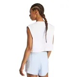 Top deportivo Adidas color blanco, sin mangas y corte cropped, con cuello redondo y logo reflectante en el pecho. El cuello tiene una cinta interior con la palabra "RUNNING" repetida.