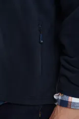 Sweater azul de polar con cuello alto y cierre parcial con cremallera.