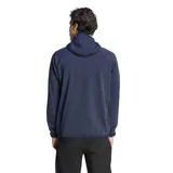 Campera híbrida Adidas Terrex con capucha, diseñada con paneles acolchados en el frente y mangas y espalda de tejido técnico elástico. Cuenta con cierre frontal completo y logo Terrex estampado en el pecho.