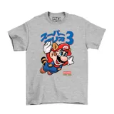 Remera gris de manga corta con estampado frontal de Super Mario en su versión mapache, acompañado de texto en japonés y el logo de la marca Emexem.