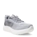 Championes deportivos de mujer marca Push, confeccionados en tejido textil con detalles sintéticos. Presentan un diseño en tonos grises con suela blanca de plataforma ergonómica y cierre mediante cordones.