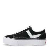 Championes de estilo urbano marca Pony, modelo Old School con plataforma. Presentan un diseño en color negro con detalles en blanco, incluyendo la característica franja lateral de la marca, cordones blancos y suela de goma blanca con textura en la puntera.