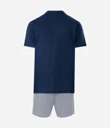 Pijama corto masculino de algodón, compuesto por una remera azul marino con estampado de Bob Esponja y un short a rayas blancas y grises con cintura elástica.