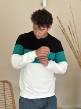 Buzo de cuello redondo con diseño tricolor en bloques horizontales: negro en la parte superior, verde en el centro y blanco en la parte inferior y mangas. Presenta puños y ruedo acanalados.