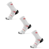 Pack de tres pares de medias deportivas Wilson largas, color blanco con detalles en rojo y negro, con logo de la marca en el lateral.