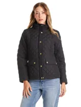 Campera de abrigo liviano con diseño capitoneado a rombos. Presenta cuello alto, cierre frontal con solapa y botones a presión dorados, y dos bolsillos frontales de parche con solapa. Incluye trabas de ajuste en la cintura para entallar la silueta.