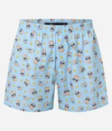 Calzoncillo boxer de tela celeste con estampado de Stitch y detalles en amarillo.