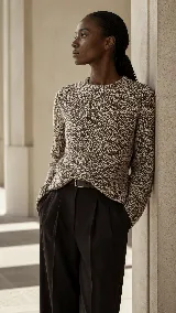 Sweater de lana con diseño jaspeado en tonos crudo y marrón, tejido con textura de trenzas y cuello redondo. Presenta un calce equilibrado y silueta al cuerpo.