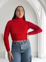 Polera roja de tejido de punto acanalado, cuello alto y corte crop.