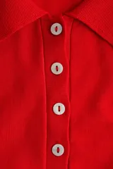 Sweater de punto fino color rojo, manga larga con hombros ligeramente caídos, cuello polo y tapeta de botones. Presenta remates acanalados en puños y bajo.