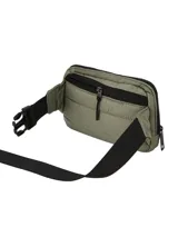 Riñonera unisex de tela acolchada color verde militar, con compartimento principal y bolsillo frontal con cierre, y correa ajustable negra.